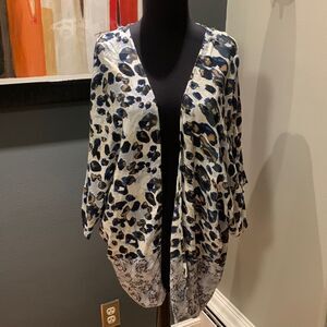 Tanzara blue/gold leopard print, hem abstract print open wrap/coverup. Size 1X